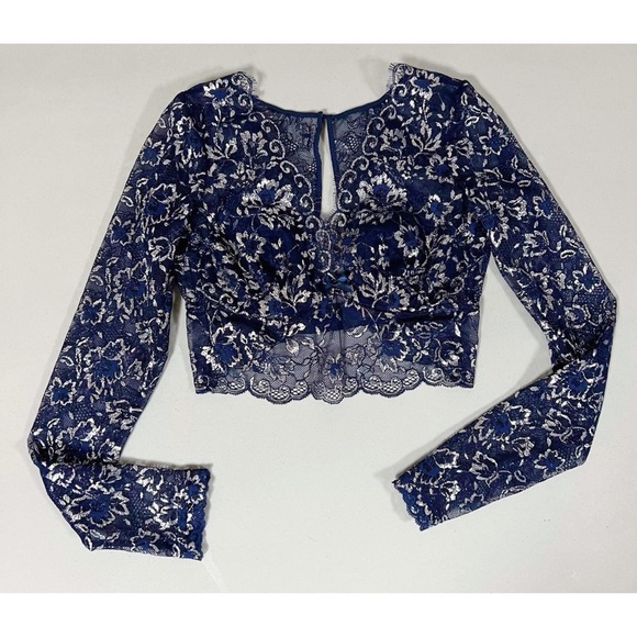 Navy Blue Floral Lace Long Sleeve Bra-Top Bralette Brassiere Lingerie Size S 💙 - Picture 4 of 7